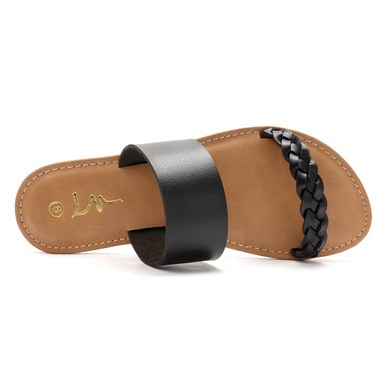 LM Women's Braided Slide Sandals Open Toe Two Strap Slip On Flat Sandals Casual Summer Shoes (8, Black) - Image 2
